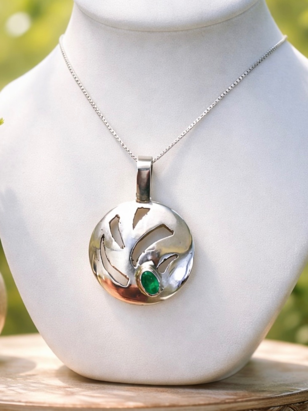 Natural Green Emerald Pendant 14K White Gold , 20th Anniversary - No Chain